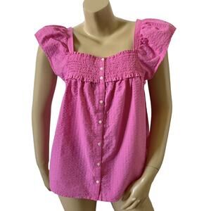 Old Navy Womens Large Pink Smocked Square Neck Button Front Cap Sleeve Top